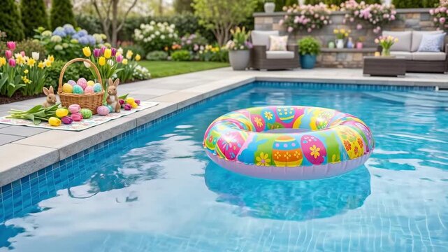 Colorful easter egg inflatable ring floating in swimming pool. Spring garden with tulips hydrangeas and easter basket. Holiday decoration for backyard celebration