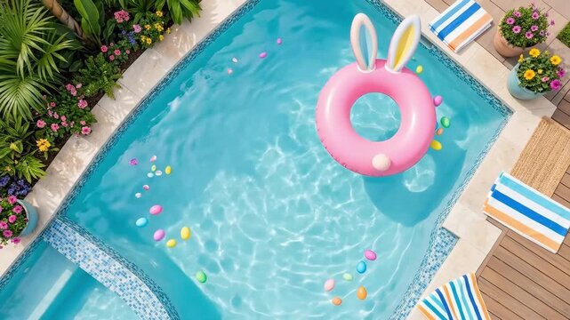 Inflatable pink bunny float in blue swimming pool with colorful Easter eggs. Poolside easter holiday setup surrounded by plants and towels. Summer fun and relaxation concept
