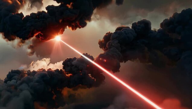 Dramatic 4K red laser beam piercing through smoky dark void creating high contrast interplay of light and shadow for intense cinematic and sci fi scenes