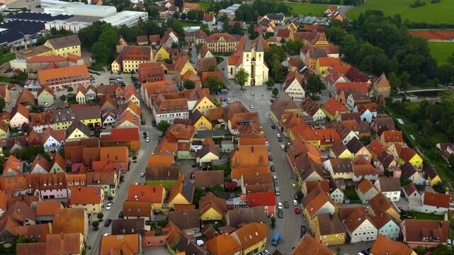 Aerial view beside the old town city Herrieden, in Germany, Bavaria  on a sunny noon in spring. 