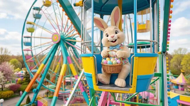 Easter bunny sitting in ferris wheel gondola holding basket of colorful eggs. Fun amusement park ride during spring holiday celebration. Joyful carnival scene with cherry blossoms in background for
