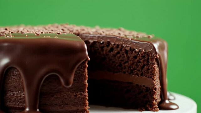 Decadent Chocolate Mud Cake with Rich Ganache Drizzle and Chocolate Shavings Displayed on a White Stand Against a Vibrant Green Studio Background Cinematic CloseUp
