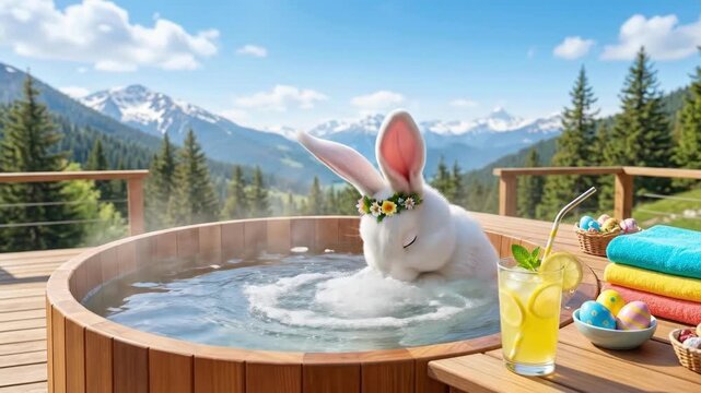 Easter bunny relaxing in wooden hot tub with mountain view. Spring holiday leisure and nature escape concept with eggs and drink