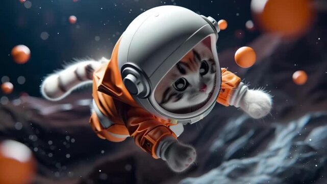 Adventurous kitten in an orange astronaut suit floating in space.