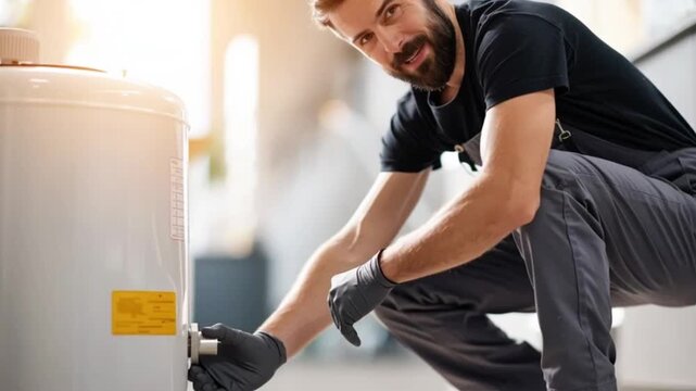 Bearded man repairing a water heater with focused attention and protective gloves.