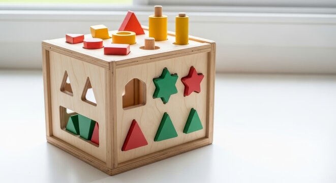 Colorful wooden shape sorter educational toy on sunny windowsill