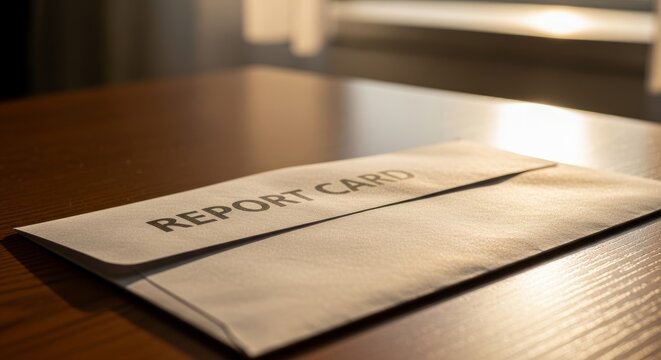 Sealed report card envelope on sunlit wooden desk