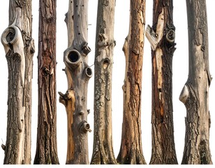 Naklejka premium Seven tree trunks, various species, isolated on white. Natural textures, knot holes, and rough bark