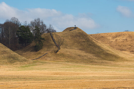 Between the hillforts and the mounds of Kernave in early spring, Lithuania, the medieval capital of the Grand Duchy of Lithuania, UNESCO world heritage, a tourist attraction