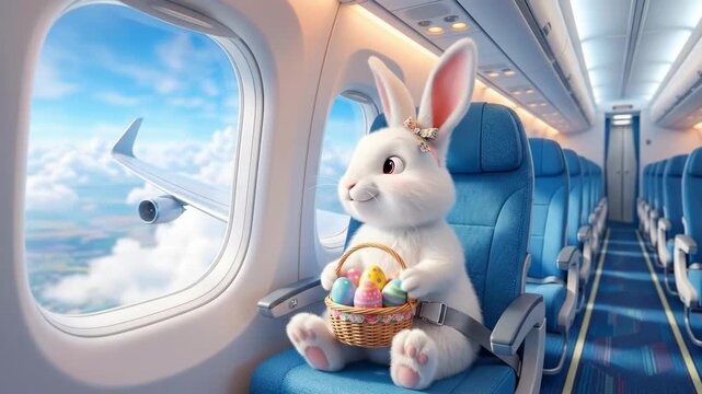 Easter bunny rabbit sitting in airplane window seat holding basket of colorful eggs. Cute anthropomorphic character viewing clouds and landscape below. Holiday travel adventure and spring journey