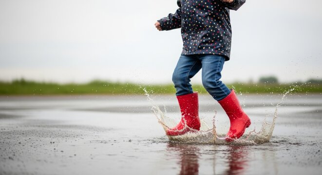 Child jumping in puddle wearing red boots on rainy day
