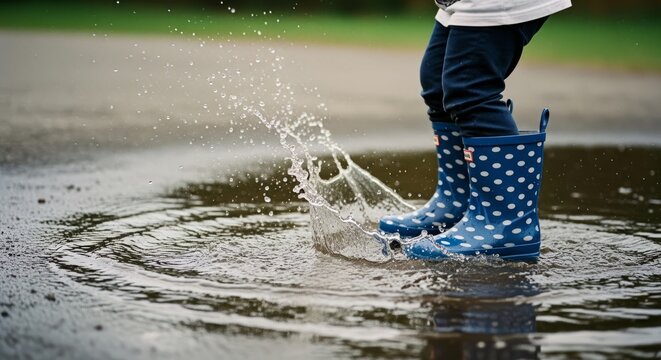 Child jumping in puddle with polka dot rain boots outdoors