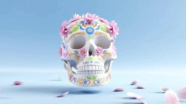 Colorful skull adorned with flowers, representing vibrant traditions and celebrations.