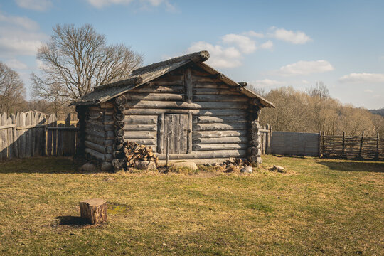 Reconstructed wooden medieval house in Kernave, Lithuania, the medieval capital of the Grand Duchy of Lithuania, UNESCO world heritage, a tourist attraction and an important archaeological site
