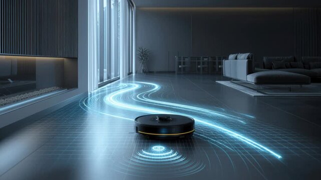 robot vacuum gliding through modern living room, emits blue and orange particle trails while laser sensors map hardwood floor, sofa and curtains visible