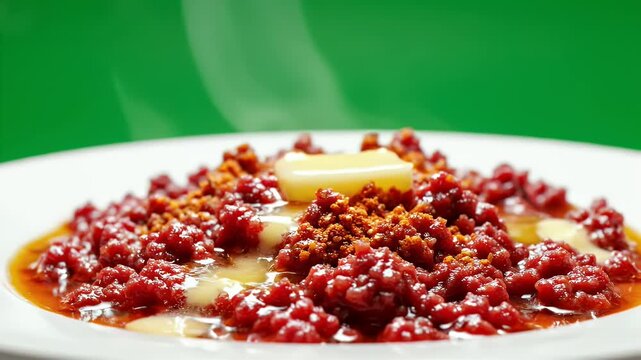 Ethiopian Kitfo A Traditional Minced Meat Dish With Spices And Ghee Presented On A White Plate With Steam Rising From The Food Against A Vibrant Green Background Food Photography Close Up