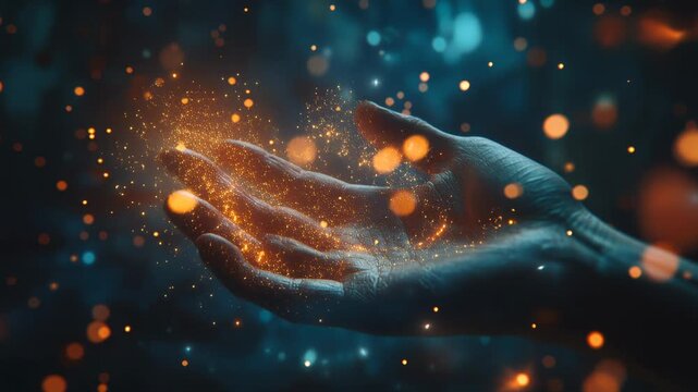 black hands cradling golden glowing particles as sparks cascade from palms, bokeh lights and warm highlights frame slow graceful motion closeup texture