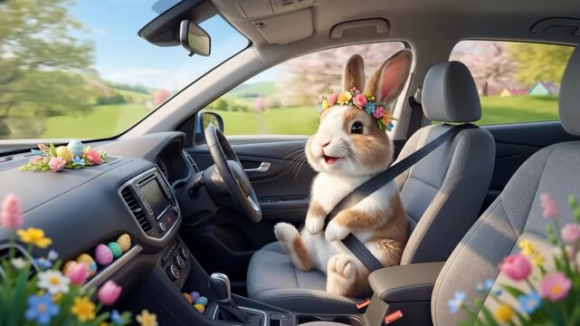 Bunny rabbit driving car through spring countryside with easter eggs and flowers. Adorable anthropomorphic animal with flower crown on whimsical holiday adventure. Festive easter theme and joyful