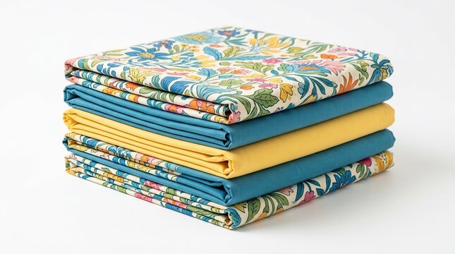 Colorful Stack of Folded Fabric Sheets with Floral Patterns