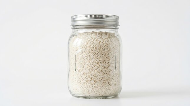 Glass Jar of White Rice with Silver Lid on Clean White Background