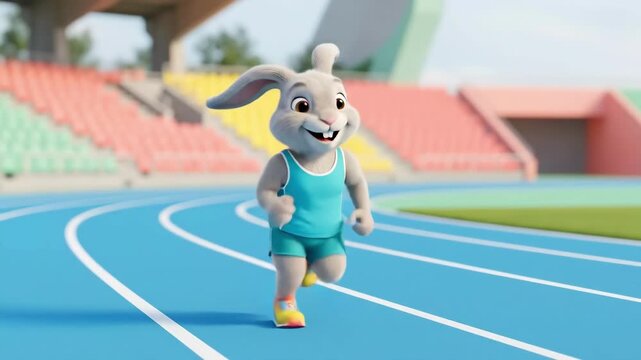Cute anthropomorphic bunny running on blue athletics track in colorful stadium. Playful animal character in sports outfit sprinting during fun race. Fitness and athletic competition concept for kids