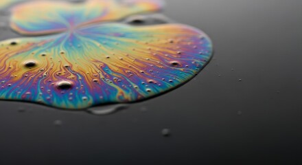 Fototapeta premium Colorful soap film with vibrant swirls on dark surface