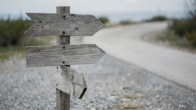 Focused capture of a directional signpost showing multiple campsite arrows on a gravel path with the winding road softly blurred in the distance.