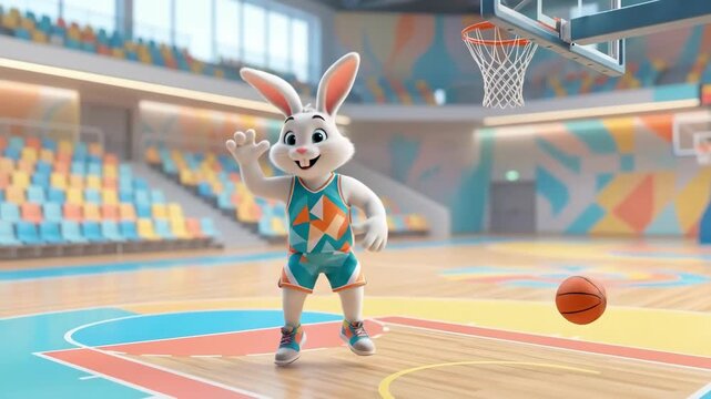 Animated white bunny rabbit leaping to dunk basketball in colorful gym. Cute animal athlete performing slam dunk on court. Fun sports character concept for childrens entertainment and playful
