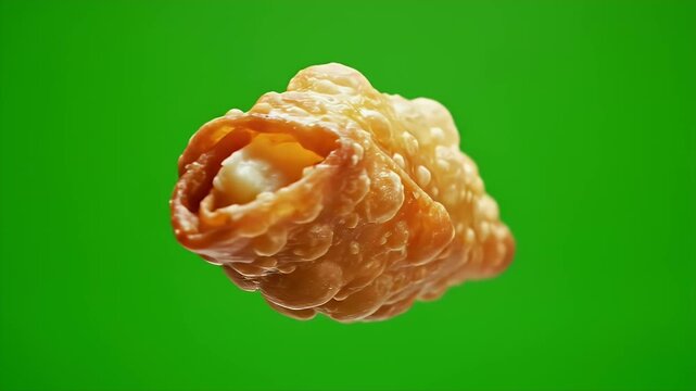 Golden Crispy Crab Rangoon Fried Appetizer Filling Filling Isolated on Green Screen Seamless Loop for Food Commercials