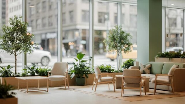 Medium shot inside a renovated bank branch featuring ecofriendly furniture and natural lighting while outside urban scenes remain out of focus.