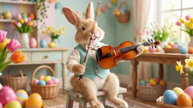 Adorable anthropomorphic rabbit playing violin in Easter room. Bunny musician surrounded by colorful eggs and tulips. Whimsical spring holiday music celebration concept