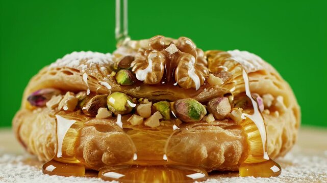 Golden Qatayef pastry drizzled with honey topped with walnuts and pistachios dusted with powdered sugar detailed cinematic food commercial