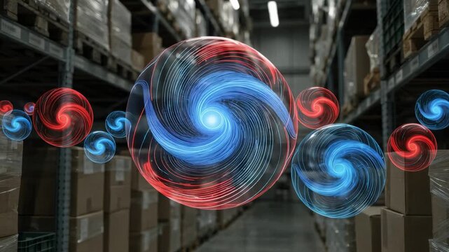 Medium shot of a digital dashboard displaying realtime sensor data tracking temperature and humidity in warehouse inventory with blurred background shelves.