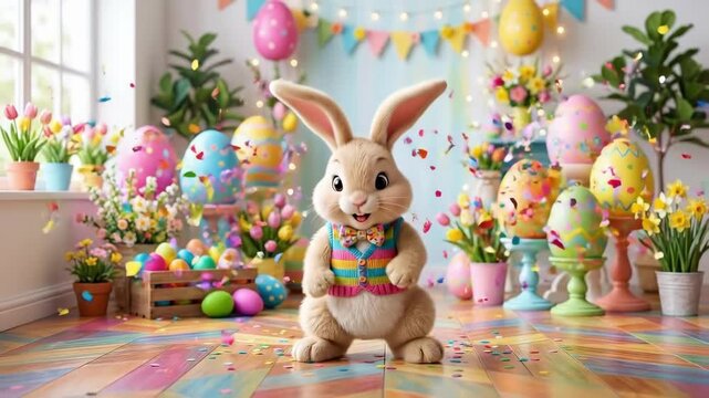Cute easter bunny jumping happily amid colorful eggs and tulips. Joyful spring holiday celebration with festive decorations. Easter fun and seasonal greeting concept