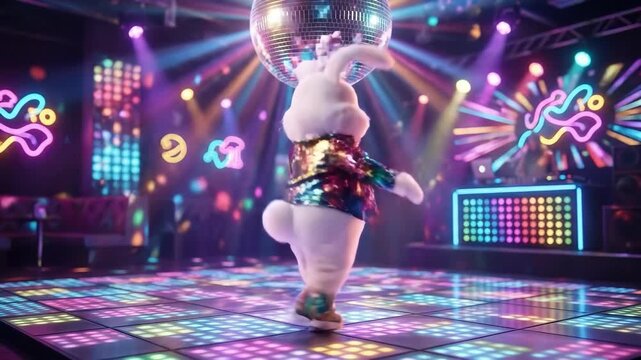 White rabbit character dancing energetically in neon disco. Bunny in shiny sequined jacket and bow tie under disco ball. Fun party animation concept for entertainment and celebration