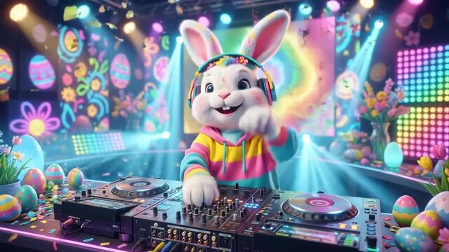 Easter bunny DJ mixing music on turntable surrounded by colorful eggs and flowers. Anthropomorphic rabbit with headphones at festive party setup. Spring holiday celebration fun and vibrant