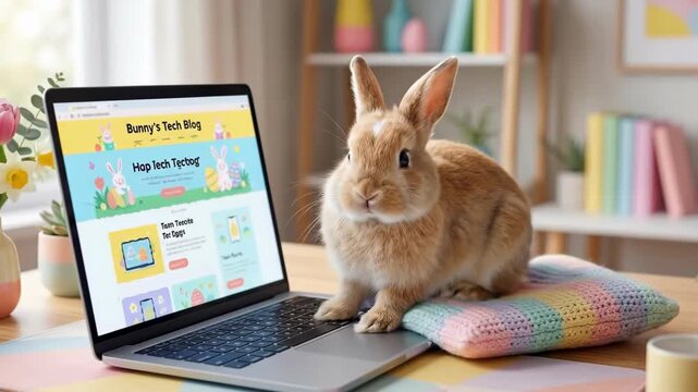 Bunny rabbit sitting on laptop viewing easter blog. Cute spring home office setup with pastel decor tulips and eggs. Adorable pet influencer concept for digital holiday content