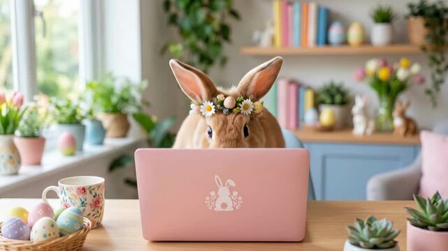 Adorable bunny rabbit in bowtie and daisy crown working on pink laptop at desk. Easter holiday scene with colored eggs, tulips and plants. Whimsical spring animal workspace concept for digital fun