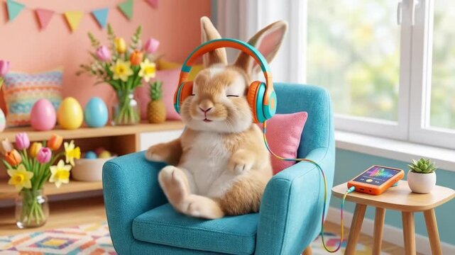 Cute bunny rabbit relaxing with headphones in cozy armchair. Listening to music on smartphone amid easter eggs and spring tulips. Holiday relaxation and chill illustration concept