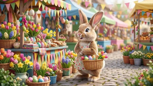 Adorable bunny standing at colorful easter market stall holding basket of eggs. Anthropomorphic rabbit selling spring flowers and decorations for holiday celebration