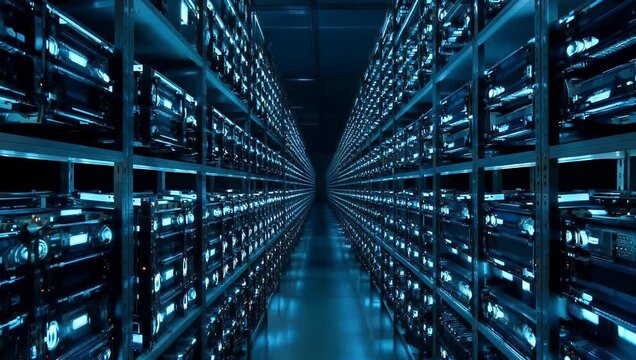 Industrial 4K footage of massive cryptocurrency mining farm showcasing long rows of server shelves illuminated by eerie and bright blue LED glow from high performance hardware
