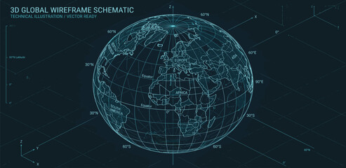 Fototapeta premium Global Wireframe Schematic A Detailed 3D Representation of the Earth's Surface and Continents