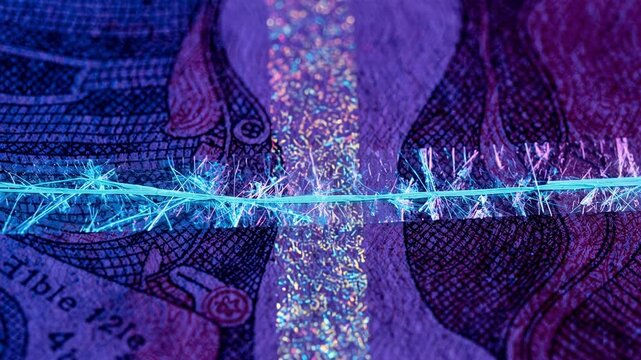 UV light reveals hidden security threads and fluorescent fibers on currency with the main elements clearly focused and background out of focus.
