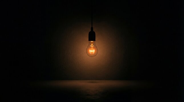 Illuminated light bulb glowing warmly in a dark, empty room, symbolizing ideas and inspiration