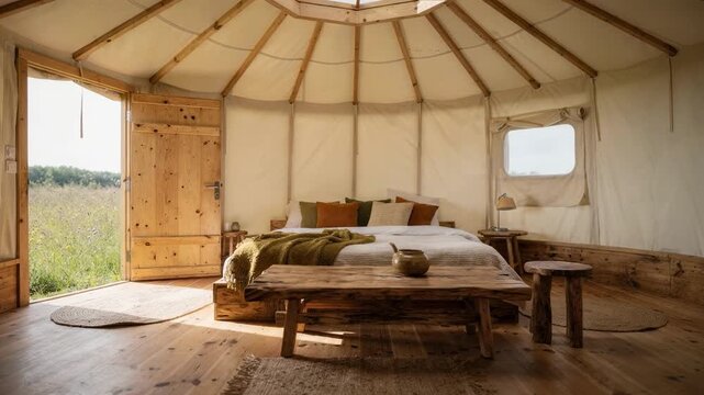 Bright yurt accommodation with diffuse light from skylight handcrafted low furniture in sharp detail wilderness meadow softly blurred outside.