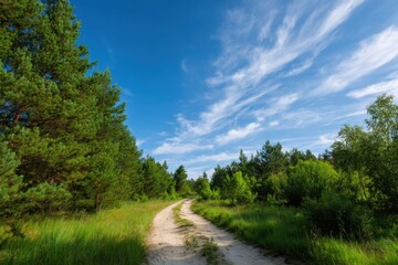 Fototapeta premium Sandy forest road winding through green pine trees under a vivid blue sky with wispy clouds on a bright summer day in a peaceful rural landscape