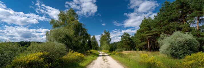 Fototapeta premium Dirt road through lush green forest and pine trees under a dramatic blue sky with billowing white clouds panoramic summer landscape