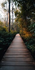 Fototapeta premium Sunlit wooden walkway through dense forest with warm golden light on foliage and planks offering inviting tranquil nature path
