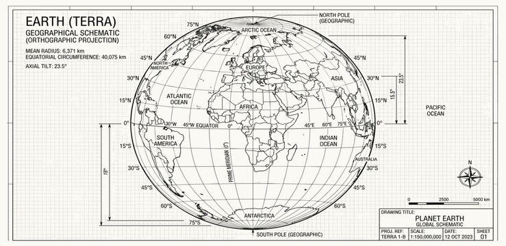 Technical blueprint of Earth's global geography, featuring an orthographic projection map with continents, oceans, and a precise coordinate grid