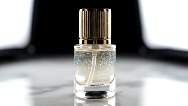 Luxury Perfume Bottle With Golden Cap Sparkling Glitter Liquid And Reflective Surface Dramatic Lighting Studio Shot